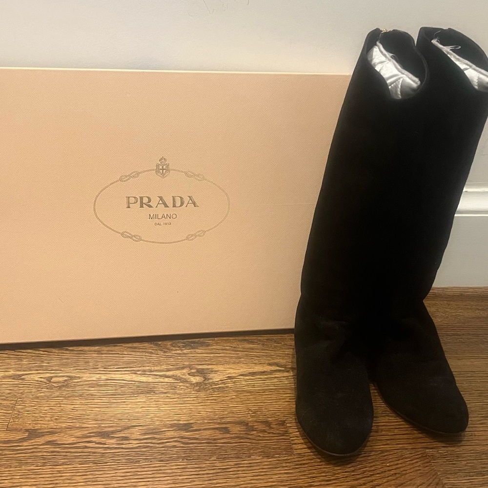 PRADA black suede knee-high boots, sz 39 with box and dust bag